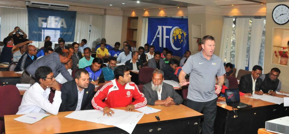 A scene from the BFF Refresher Coaches' Course held at the conference room of Bangladesh Football Federation House on Saturday.