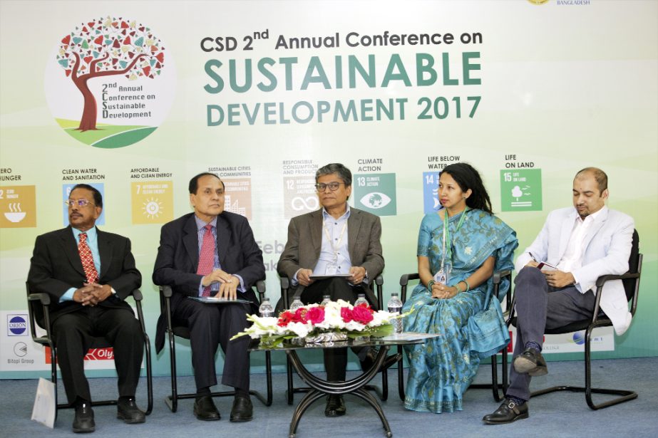 Md. Abdul Karim, Managing Director, PKSF is seen along with the guests at a two-day international conference on Sustainable Development held at the University of Liberal Arts Bangladesh Auditorium, Dhanmondi in the capital on Friday.