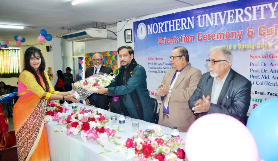 Chairman of Northern University Bangladesh Dr Abu Yousuf Md. Abdullah distributing prizes among the newly enrolled students in Spring-2017 held at the University campus on Sunday.