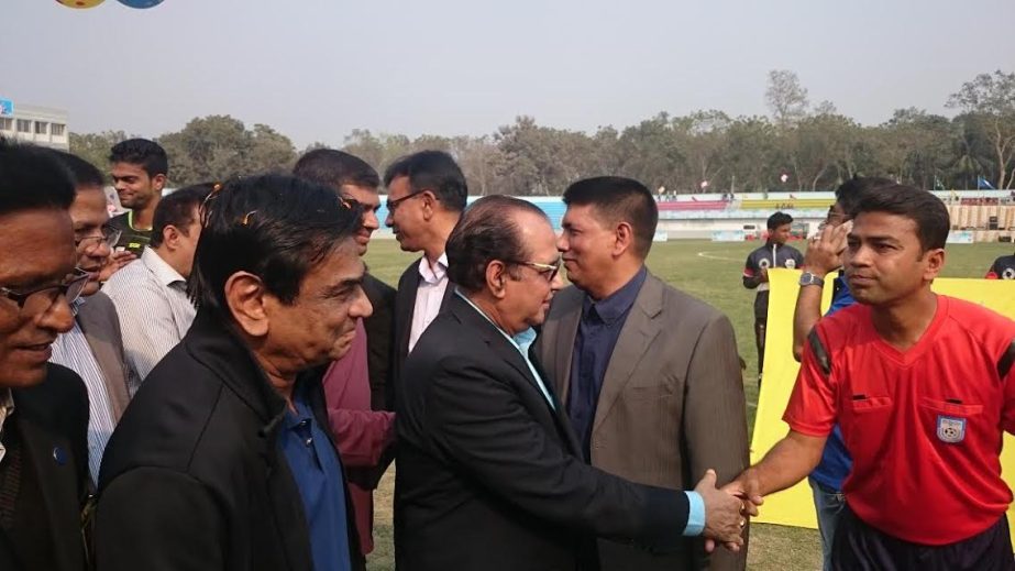 State Minister for Youth and Sports Biren Sikdar being introduced with the players of Bangabandhu Cup 2017 final match at Muktijoddha Asaduzzaman Stadium in Magura on Sunday.