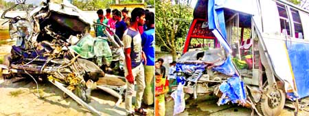 Yet another 12 persons including 5 women and two children were killed in a head-on collision between a bus and a microbus on Dhaka-Sylhet Highway in Belabo Upazila in Narsingdi on Sunday.