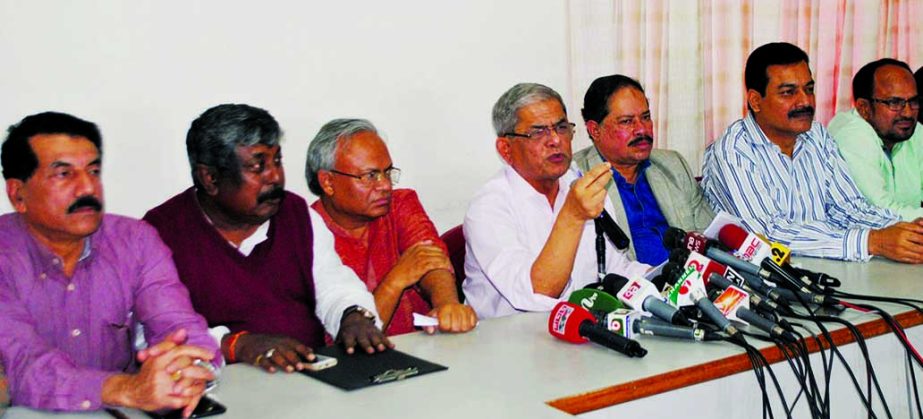 BNP Secretary General Mirza Fakhrul Islam Alamgir speaking at a press conference at the party central office in the city's Nayapalton on Monday for declaring the party Chairperson Begum Khaleda Zia's Amar Ekushey programme on the Central Shaheed Minar