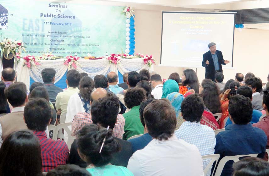 Dr M Zahid Hasan, Professor, Princeton University, USA speaks at a seminar on 'Public Science' on EWU campus at Aftabnagar in the capital on Saturday.