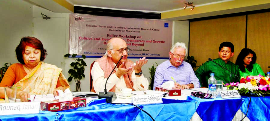 Noted economist Rehman Sobhan speaking at a workshop on 'Politics and Development Democracy and Growth: Bangladesh and Beyond' at BRAC Inn Center in the city on Thursday.