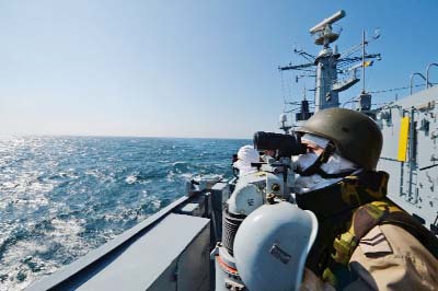 Romanian military personnel take part in a NATO drill on the Black Sea