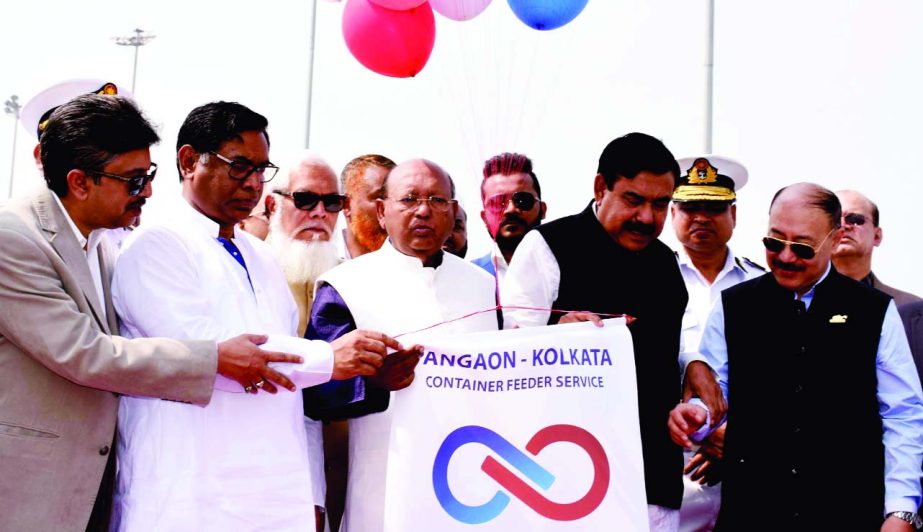 Commerce Minister Tofail Ahmed and Shipping Minister Shajahan Khan inaugurating container carrier ship 'Sonartori Service' coming from Kolkata Port at Pangao Port in Keraniganj on Friday. Indian High Commissioner to Bangladesh Harshvardhan Shringla was