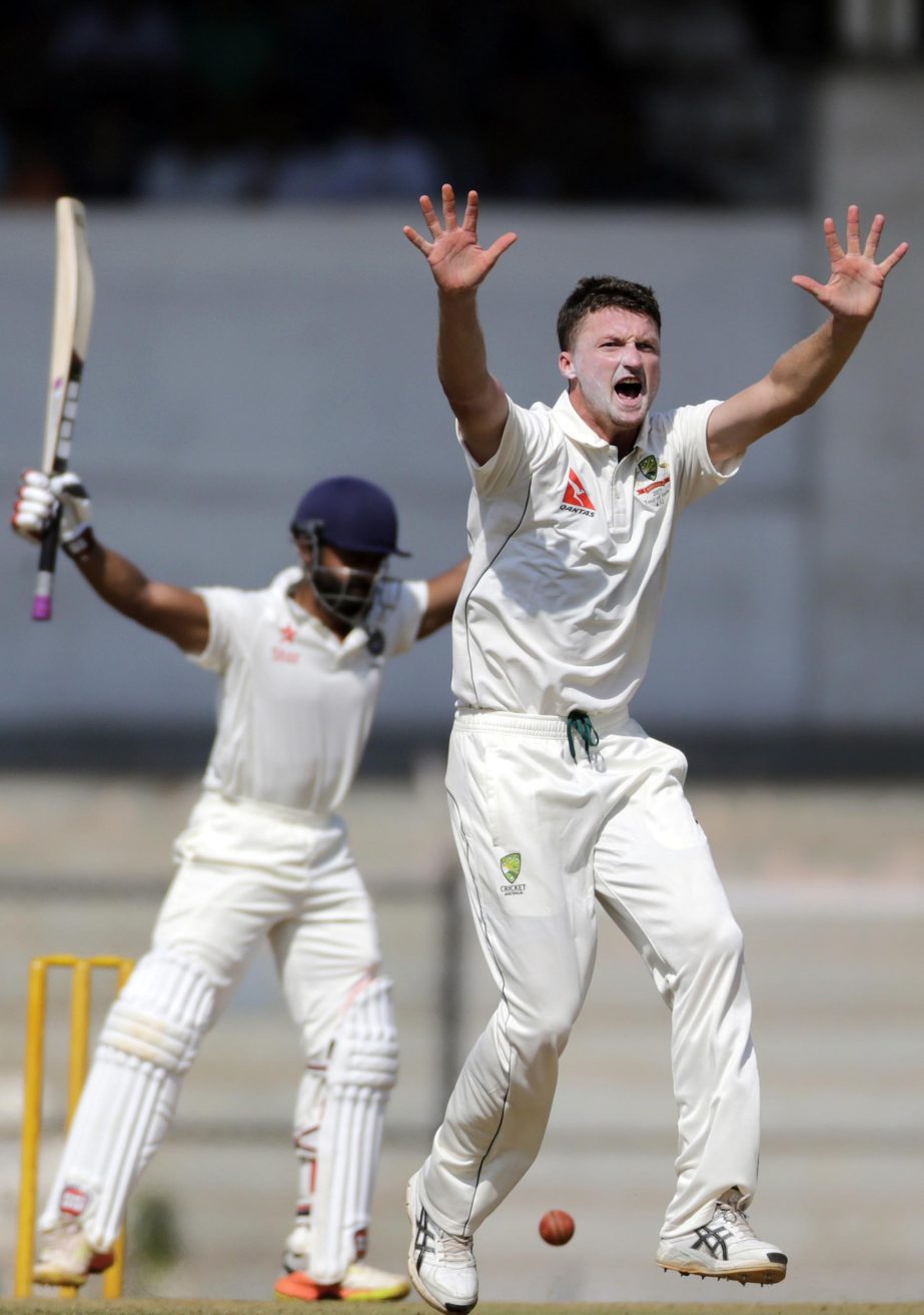 Australia's Jackson Bird successfully appeals for the dismissal of Ankit Bawne during a practice match against India A in Mumbai, India, Saturday.