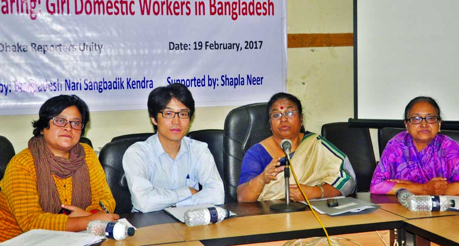 President of Bangladesh Nari Sangbadik Kendra Nasimun Ara Haque speaking at a seminar on 'State of Girl Children Engaged in Working in Domestic Works' organised by the Kendra in DRU auditorium on Sunday.