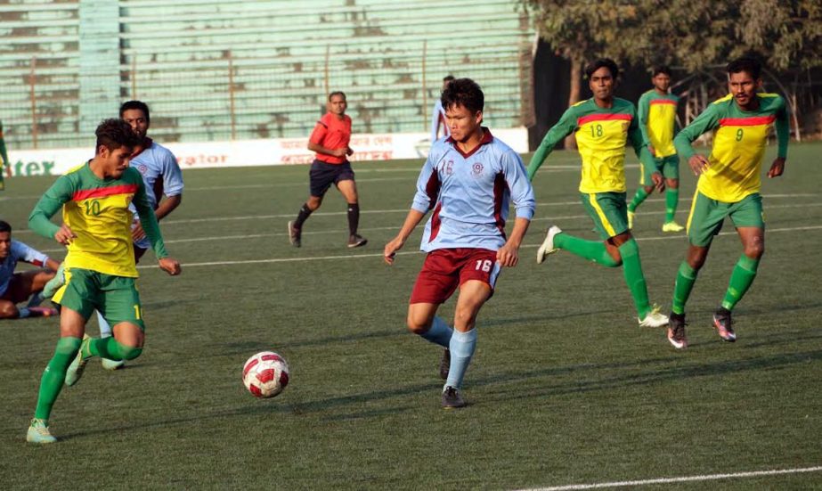 A moment of the match of the Saif Power Tec Dhaka Metropolis Second Division Football League between Nababpur Krira Chakra and City Club at the Bir Shreshtha Shaheed Sepoy Mohammad Mostafa Kamal Stadium in Kamalapur on Sunday. Nababpur won the match 2-0.