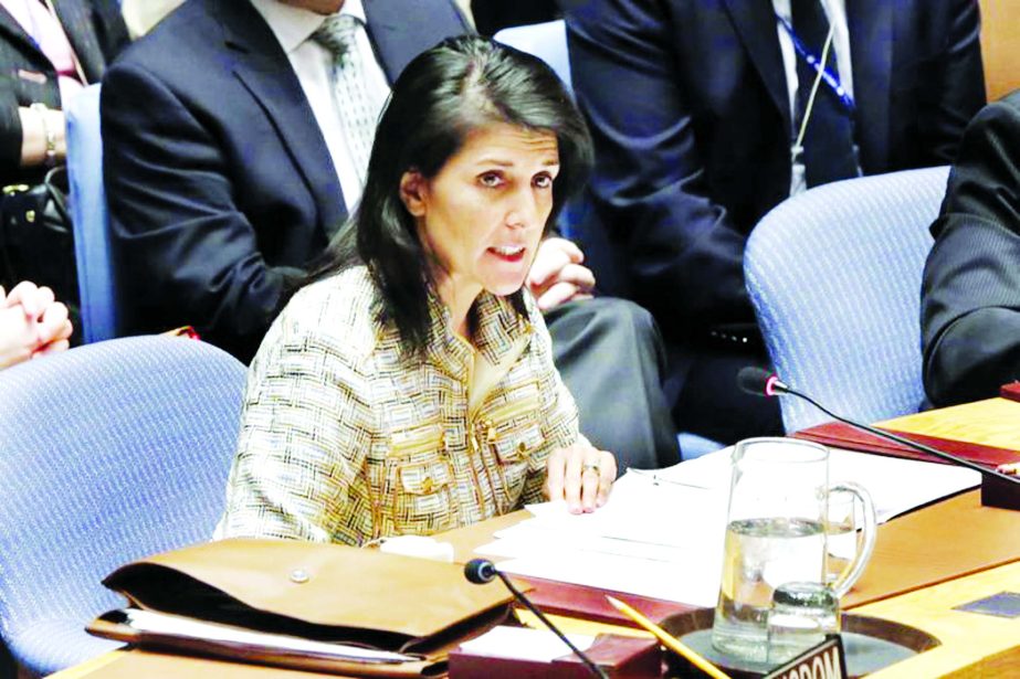 United States UN Ambassador Nikki Haley delivers remarks in the United Nations Security Council on Tuesday.