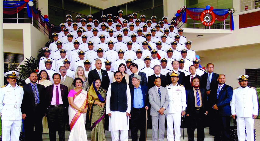 Shipping Minister Shajahan Khan and State Minister for Women and Children Affairs Meher Afroze Chumki seen with the 6th batch pre-sea cadets at the passing out ceremony at International Maritime Academy at Gazipur yesterday.