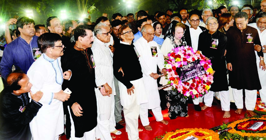 BNP Chairperson Begum Khaleda Zia along with party leaders placing wreaths at the altar of Central Shaheed Minar on Tuesday.