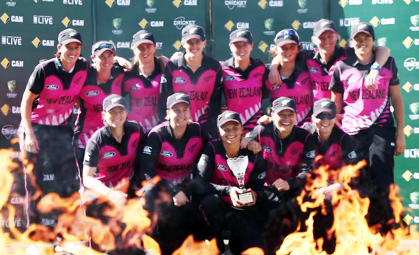 New Zealand women pose with the series trophy after the 3rd Women's T20 International match between Australia and New Zealand at Adelaide on Wednesday.