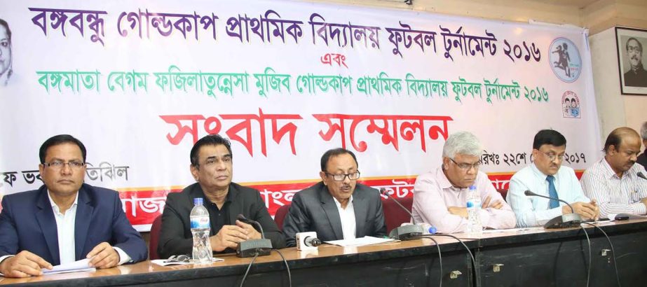 Minister for Primary and Mass Education freedom fighter Mostafizur Rahman speaking at a press conference at the conference room of Bangladesh Football Federation House on Wednesday.