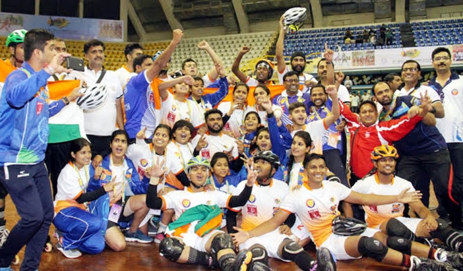 India men's and women's Rollball teams, the champions of the men's division and women's division of the 4th Rollball World Cup pose for a photograph at the Shaheed Suhrawardy Indoor Stadium in Mirpur on Wednesday.