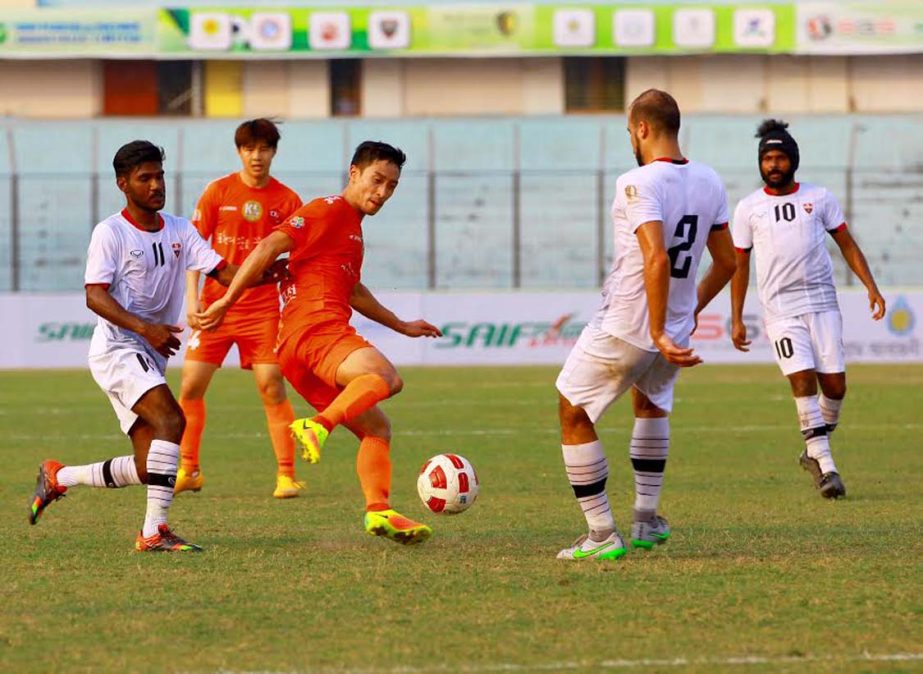 An action from the football match of the Sheikh Kamal International Club Cup between Pocheon Citizen Football Club of South Korea and TC Sports Club of Maldives at the MA Aziz Stadium in Chittagong on Thursday.