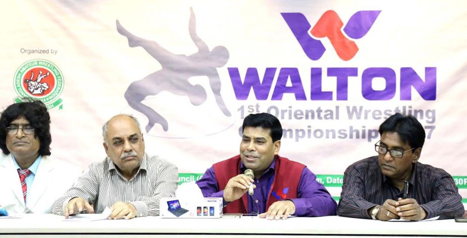 Head of Sports and Welfare Department of Walton Group FM Iqbal Bin Anwar Dawn addressing a press conference at the conference room of National Sports Council on Thursday.