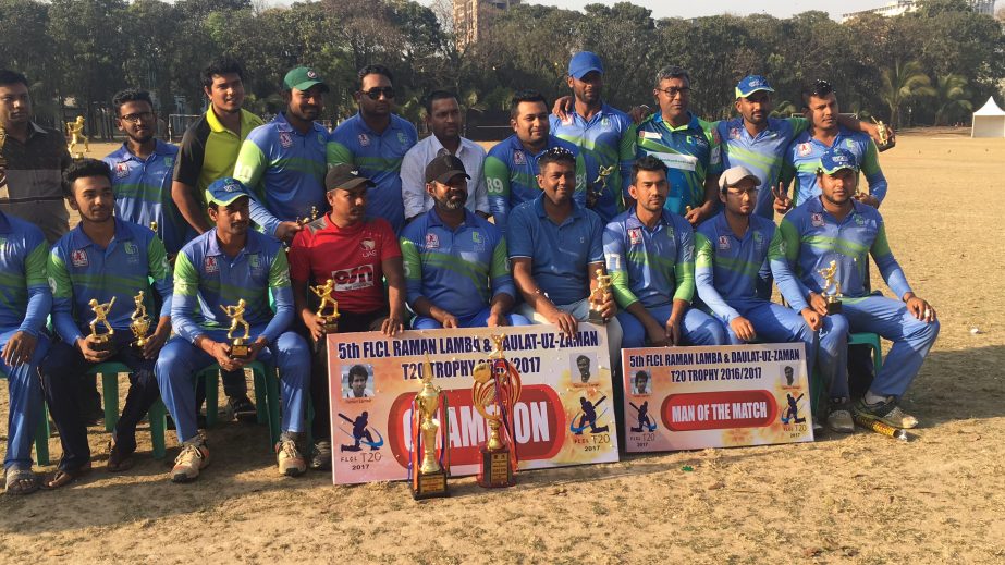 Members of Computer Source, the champions of the 5th Raman Lamba & Daulat-Uz-Zaman T20 Cricket Tournament pose for a photo session at Dhaka Residential Model School & College Ground on Friday.