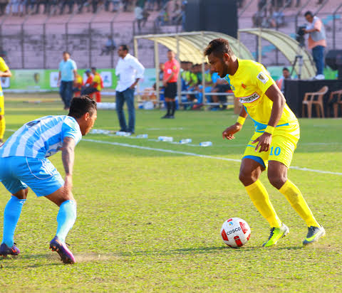 An action from the football match of the Sheikh Kamal International Club Cup between Chittagong Abahani Limited and Manang Marshyangdi Club of Nepal at the MA Aziz Stadium in Chittagong on Friday.