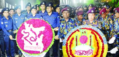 BOGRA: Ashraf Uddin , DC, Asaduzzaman, SP and Commandant officer of 4th Armed Police Battalion. Bogra placing wreaths at Shaheed Minar in Bogra marking the International Mother Language Day and Amar Ekushey recently.