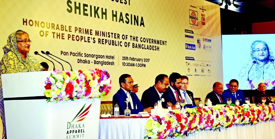 Prime Minister Shaikh Sheikh Hasina delivering speech at the Dhaka Apparel Summit-2017 at Hotel Sonargaon in the capital on Saturday. Finance Minister Abul Maal Abdul Muhith, Commerce Minister Tofail Ahmed, Foreign Minister AH Mahmood Ali, State Minister