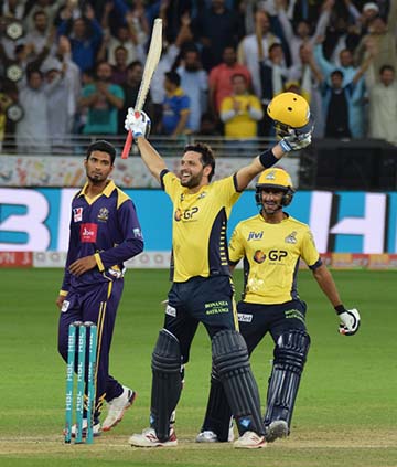 Shahid Afridi celebrates Peshawar's victory with a typical star-man pose during PSL 2017 between Peshawar Zalmi and Quetta Gladiators at Dubai on Saturday.