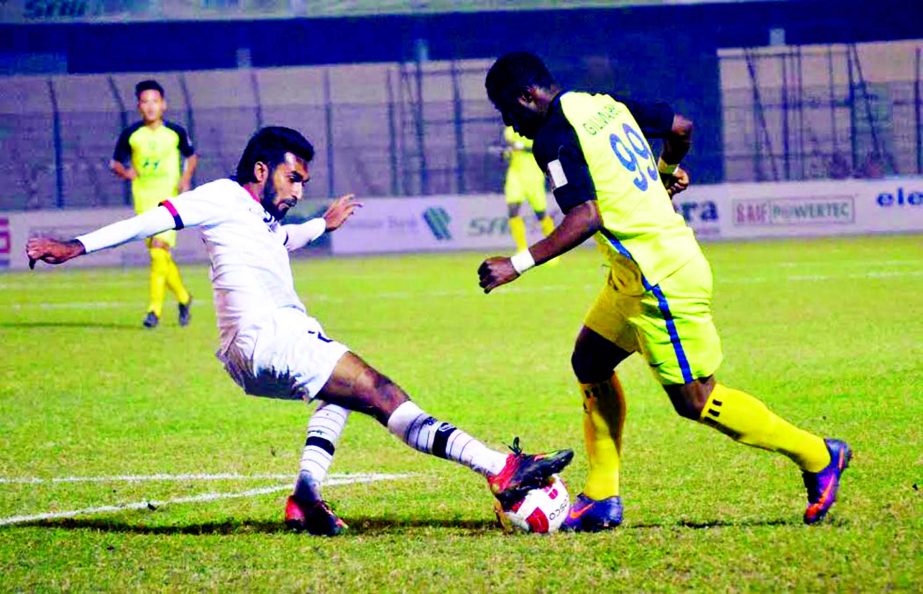 An action from the Sheikh Kamal International Club Cup Football match between TC Sports of Maldives and Marshyangdi Club of Nepal at the MA Aziz Stadium in Chittagong on Monday.