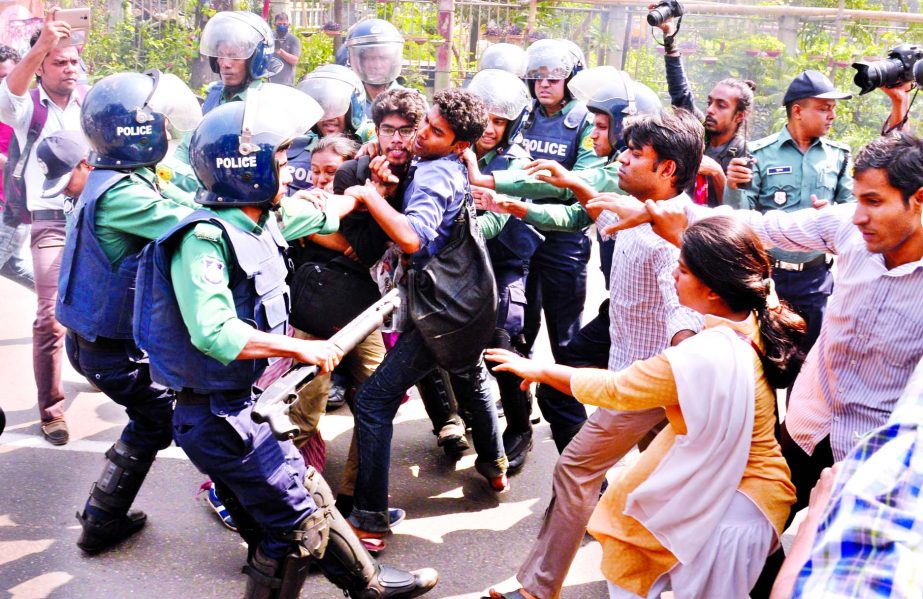 Protesters of 'Ganatantrik Bam Morcha' scuffled with law enforcers during hartal hours in city's Shahbagh area on Tuesday over recent gas price hike.