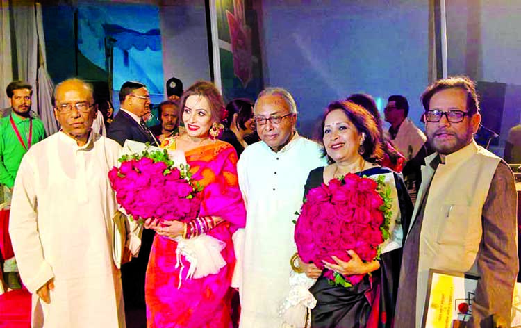 Expatriate poet and writer Nazmun Nesa Piari and Shamim Azad seen with Cultural Affairs Minister Assaduzzaman Noor MP and Bangla Academy DG Shamsuzzaman Khan after receiving Syed Waliullah Literary Award at the concluding ceremony of the Academy on Tuesd