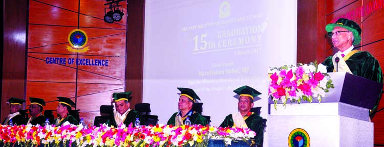 Education Minister Nurul Islam Nahid MP addressing the new graduates of MIST on the occasion of B Sc in Engineering Degree awarding ceremony at MIST Campus in Mirpur Cantonment yesterday.