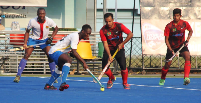 A scene from the practice hockey match between Bangladesh Hockey team and Ghana Hockey team at the Moulana Bhashani National Hockey Stadium on Wednesday. Bangladesh won the match 1-0.