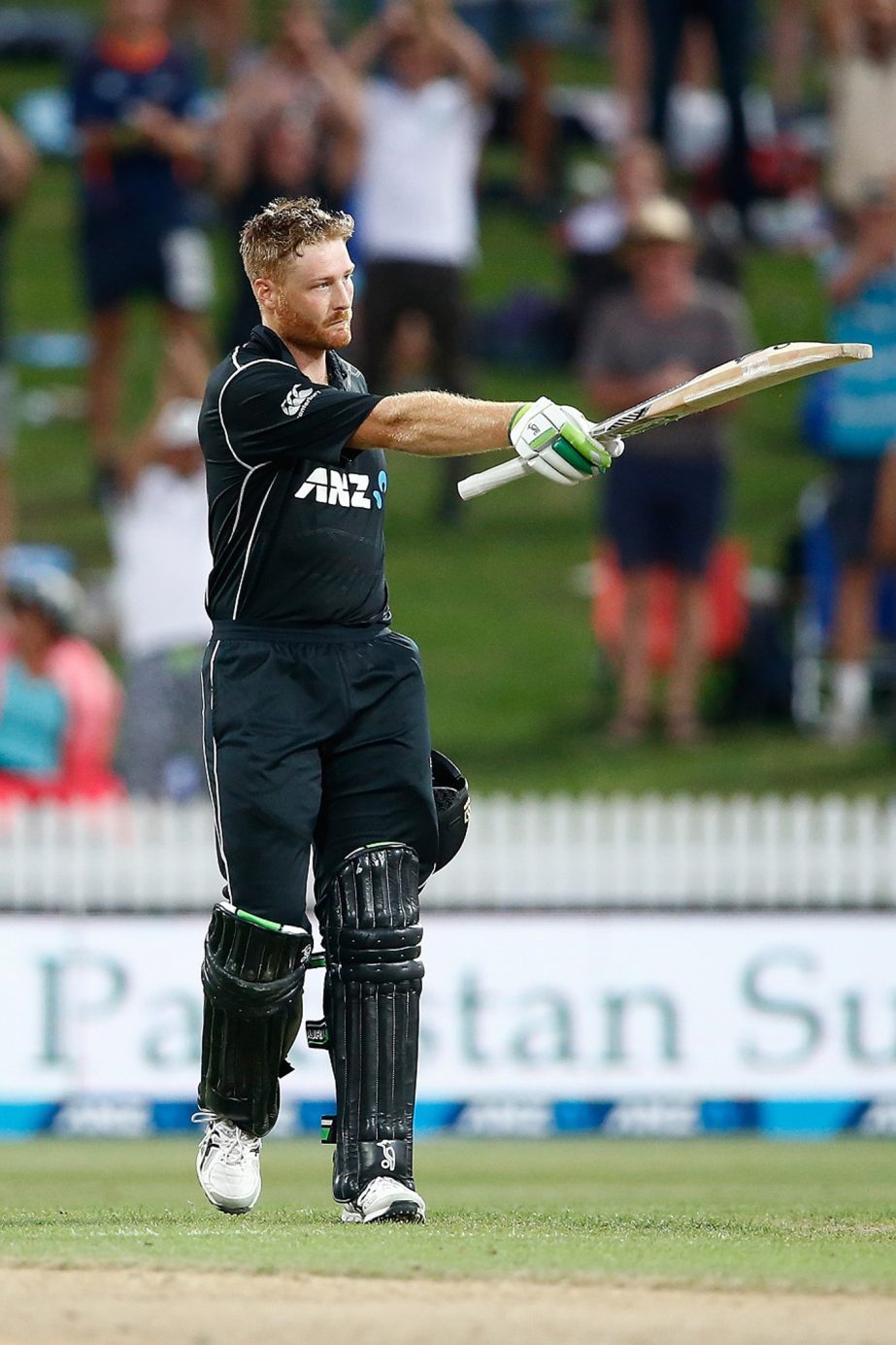 Martin Guptill of New Zealand celebrates his century during game four of the One Day International series between New Zealand and South Africa in Hamilton, New Zealand on Wednesday.