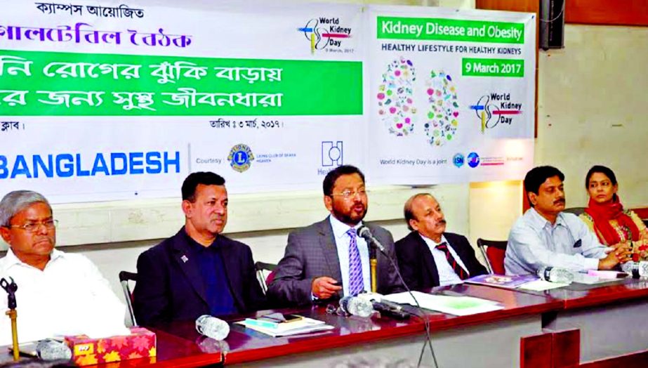 Chairman of Kidney Foundation, Prof. Dr. Harun or Rashid speaking at a roundtable discussion on 'Kidney Disease and Obesity: Healthy lifestyle for healthy kidney' in the city on Friday. Executive Director of BELA, Rezwana Hasan, Secretary General of Ban
