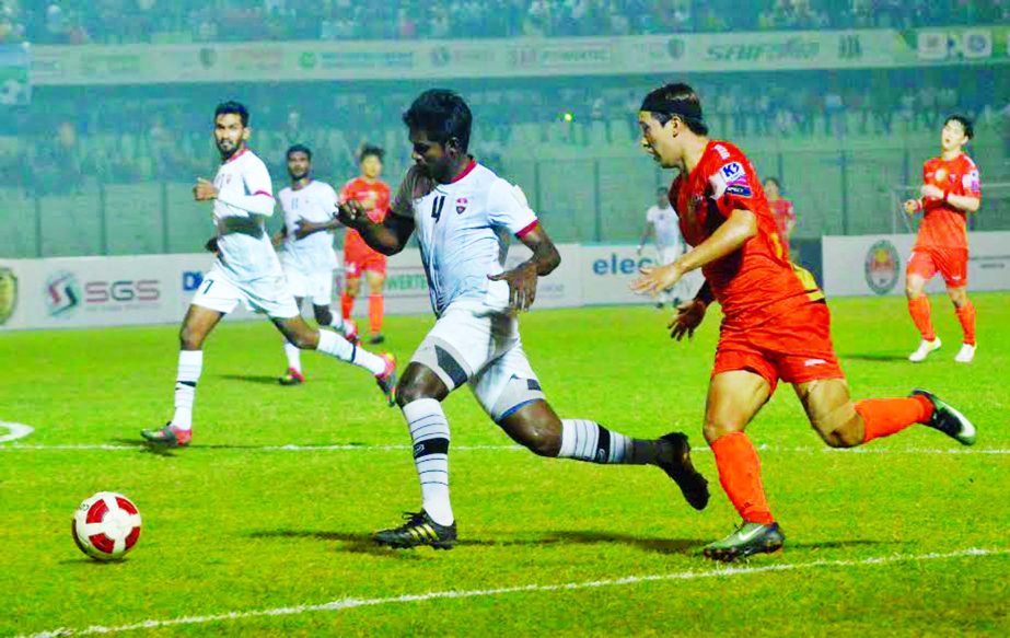 A moment of the final match of the Sheikh Kamal International Club Cup Football between TC Sports Club of Maldives and Pocheon Citizen Football Club of South Korea at the MA Aziz Stadium in Chittagong on Friday.