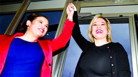 Michelle O'Neill (right), Sinn FÃ©in's northern leader, celebrating with the party's deputy leader Mary-Lou McDonald. Internet photo
