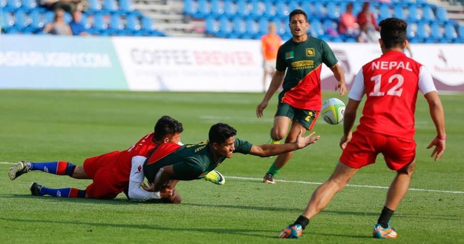 A moment of the match of the Asia Rugby Seven Trophy between Bangladesh and Nepal at Doha in Qatar on Saturday.