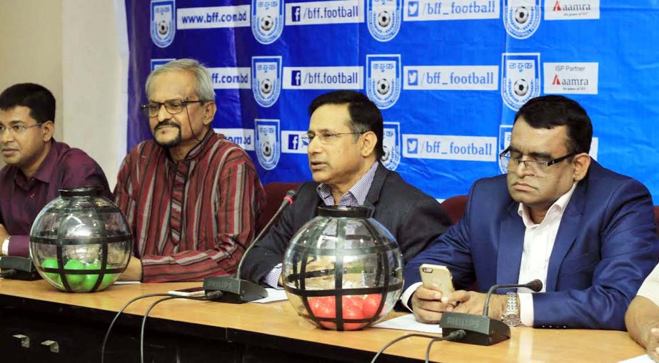 Senior Vice-President of Bangladesh Football Federation (BFF) Abdus Salam Murshedy speaking at a press conference at the conference room of BFF House on Sunday.