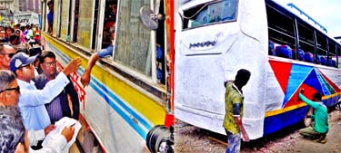 Dhaka South City Corporation Mayor Sayeed Khokan is seen talking to a bus driver in the city's Gulistan area during the mobile court drive against unfit vehicles that started on Sunday [left]. A dilapidated bus is getting facelift at a Jatrabari workshop