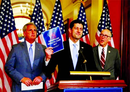 (L-R)U.S. House Majority Leader Kevin McCarthy, U.S. House Speaker Paul Ryan, and U.S. Representative Greg Walden hold a news conference on the American Health Care Act on Capitol Hill in Washington, U.S. on Tuesday. Internet photo