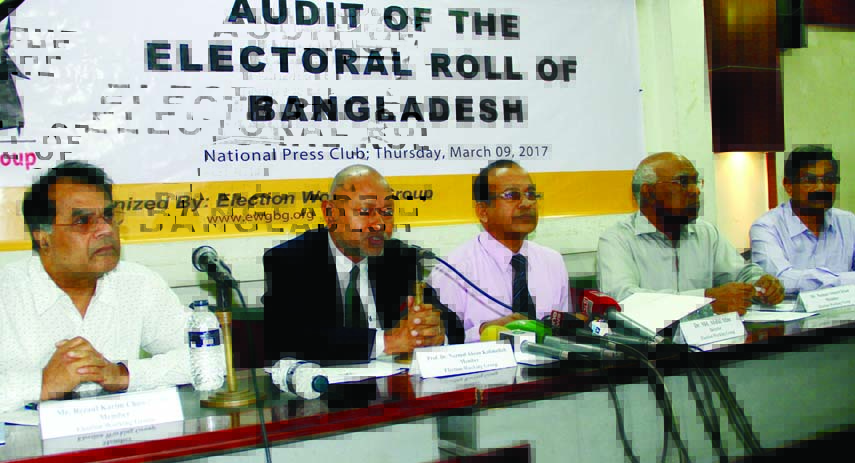 Member of the Election Working Group (EWG) Nazmul Ahsan Kalimullah speaking at a press conference on 'Credibility of the Existing Voters' List for Fair Election' organised by EWG at the Jatiya Press Club on Thursday.