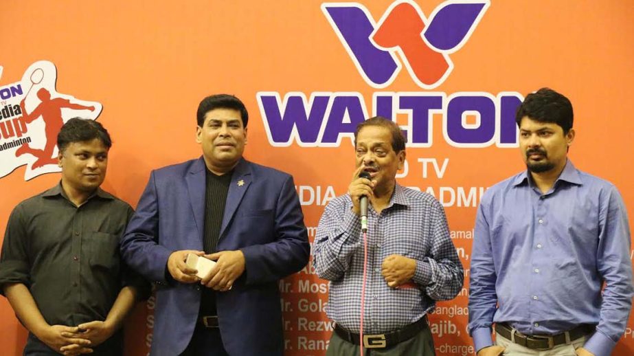 Editor of Samakal Golam Sarwar speaking as the chief guest at the inaugural ceremony of the Walton LED TV Media Cup Badminton Tournament at the Shaheed Tajuddin Ahmed Indoor Stadium on Thursday.