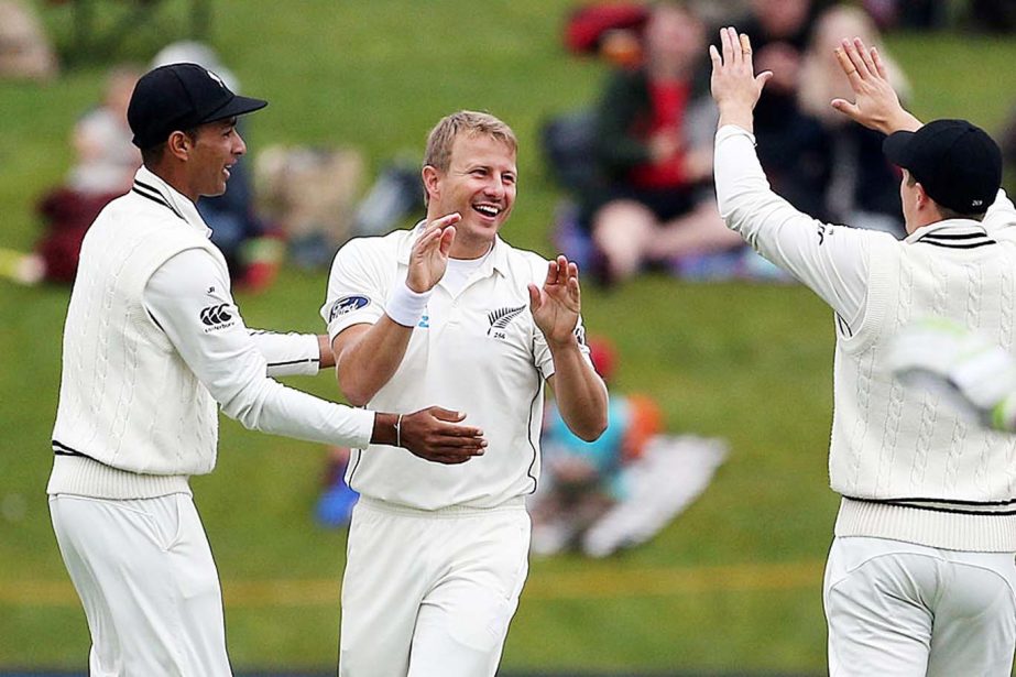 Neil Wagner removes Hashim Amla early on the fourth day of first Test between New Zealand and South Africa at Dunedin on Saturday.