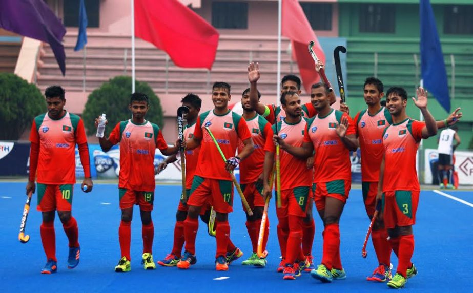 Players of Bangladesh celebrating after defeating Sri Lanka by 9-0 goals in a place-deciding match of the World Hockey League round 2 at the Moulana Bhashani National Hockey Stadium on Saturday.