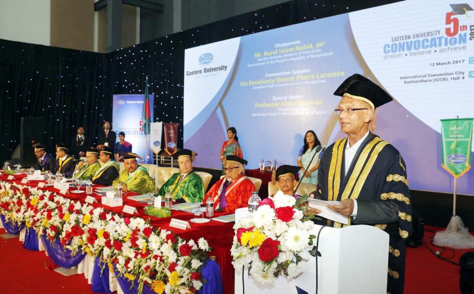 Education Minister Nurul Islam Nahid, MP speaks at the 5th Convocation of Eastern University held at International Convention City Bashundhara in the capital on Sunday.