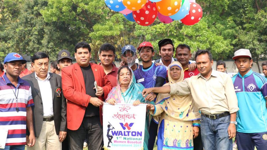 Noted sports organizer Farida Akhter Begum inaugurating the Walton 1st National Women's Baseball Championship by releasing the balloons as the chief guest at the Sultana Kamal Women's Sports Complex in Dhanmondi on Sunday.