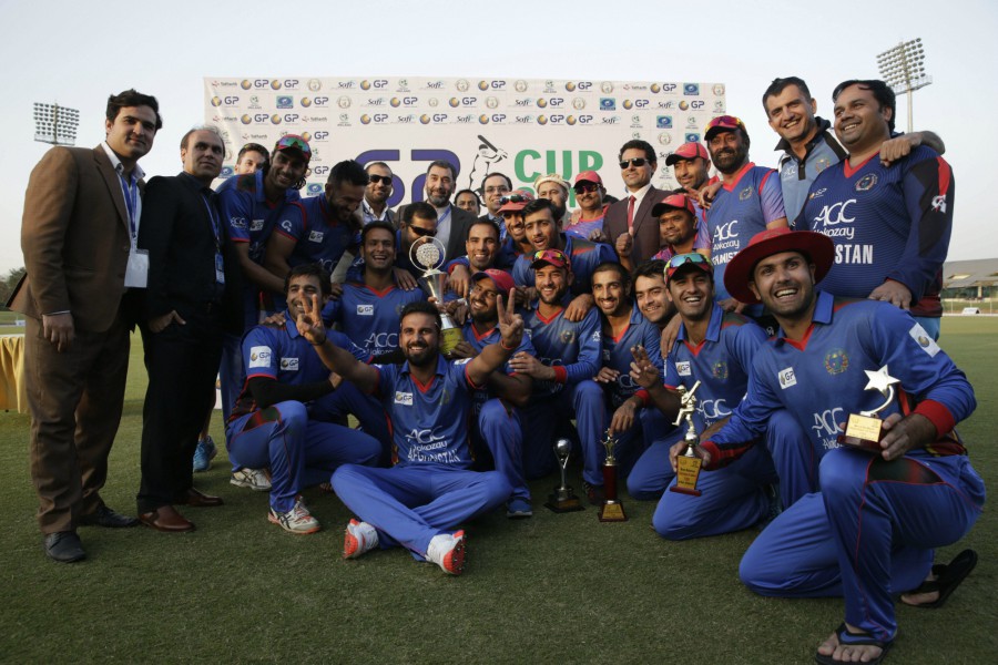 The Afghanistan players celebrate their T20 series whitewash against Ireland after 3rd T20I at Greater Noida on Sunday.