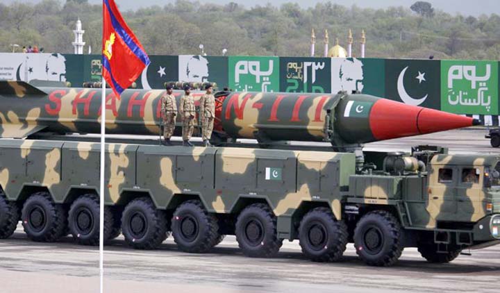 A Pakistani-made Shaheen-III missile is on display during a military parade in Islamabad, Pakistan. AP file photo