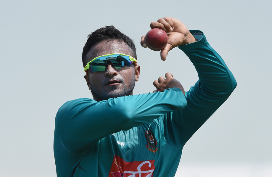 Shakib Al Hasan bowls at a net session, Colombo on Monday.