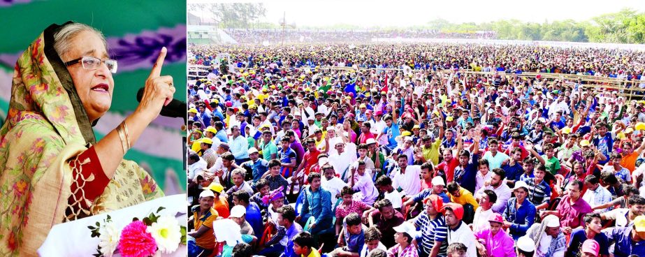 Prime Minister Sheikh Hasina addressing a huge public meeting at the Laxmipur Stadium on Tuesday.