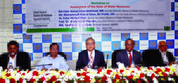 Water Resources Minister Barrister Anisul Islam Mahmud MP speaking as Chief Guest at a workshop on " Assessment of of the State of Water "" at Cirdab auditorium in the city yesterday."